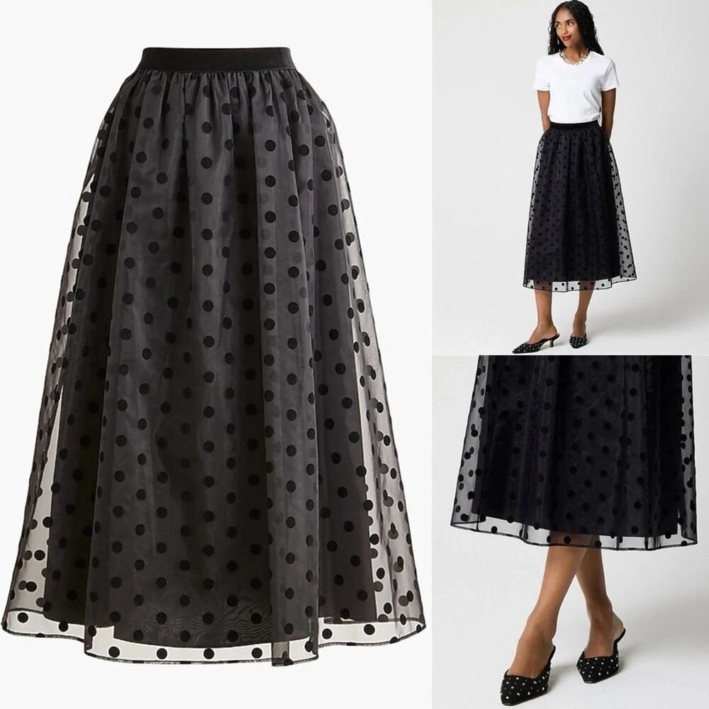 J.Crew Factory Dot Midi Skirt Black Polk-A-Dot Party Womens Sz 2X NWT $138 CP755